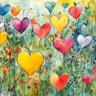 Colorful Watercolor Painting of Heart-Shaped Flower Garden