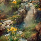 Tranquil watercolor painting: cascading stream, colorful flora, birch trees