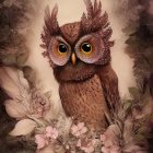 Detailed whimsical owl illustration with floral and feathery motifs in warm hues