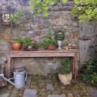 Tranquil Watercolor Painting of Wooden Shelf with Blooming Flowers