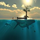 Illustration of tree on underwater octopus with sun and clouds reflection