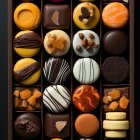 Assorted autumn-themed chocolates in decorative box