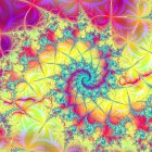 Colorful digital artwork: intricate swirling patterns, stylized flowers in purple, yellow, green.