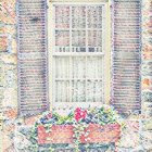 Person sitting on windowsill of brick building with flowers in watercolor.