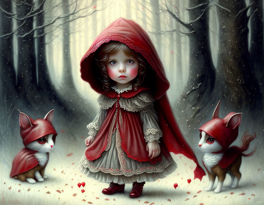 Young girl in red cloak with fox-headed creatures in snowy forest