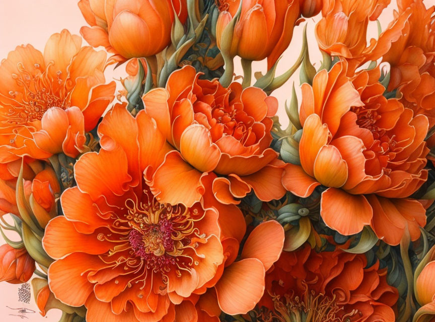 Close-up of vibrant orange peonies in full bloom