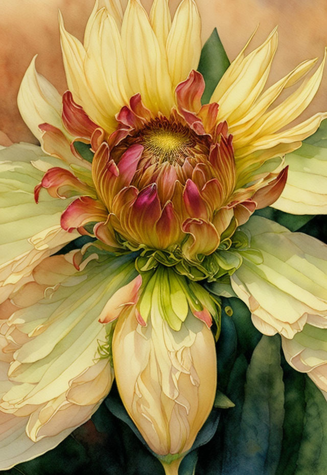 Vivid watercolor painting: Blooming flower with yellow and reddish petals.