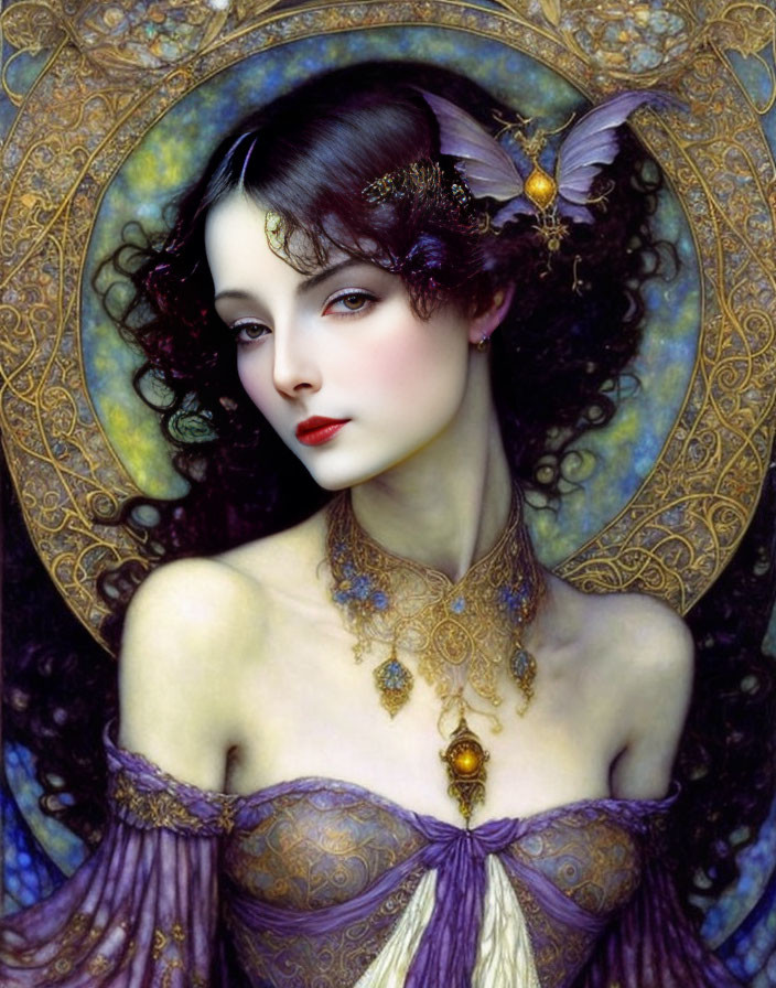 Ethereal woman with dark hair and butterfly accessory in ornate circular setting