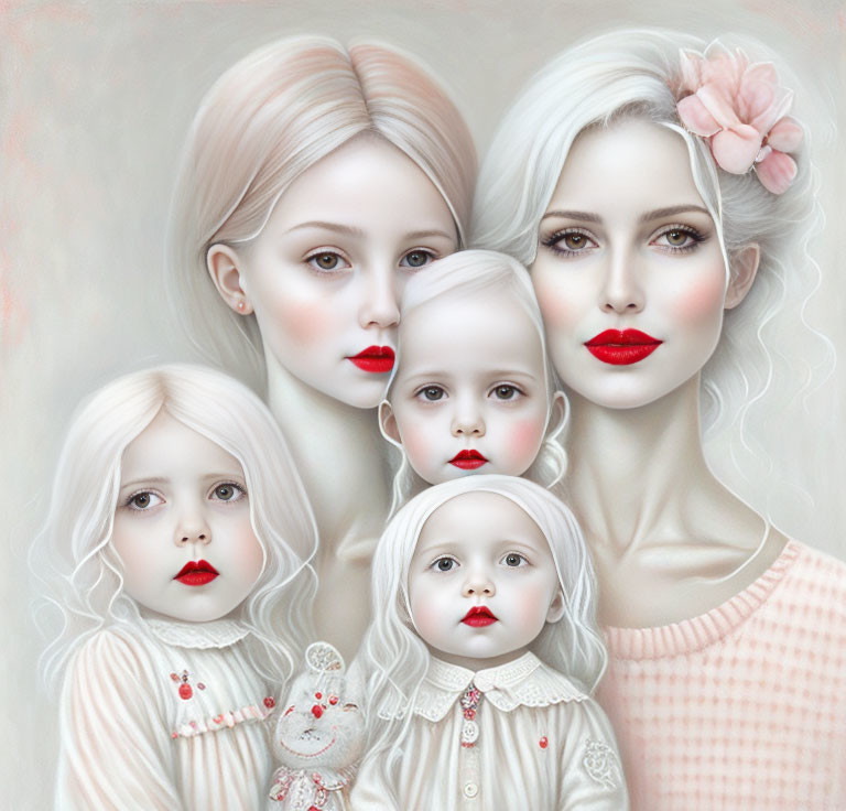 Illustration of woman & three children with pale skin, white-blonde hair, red lips,