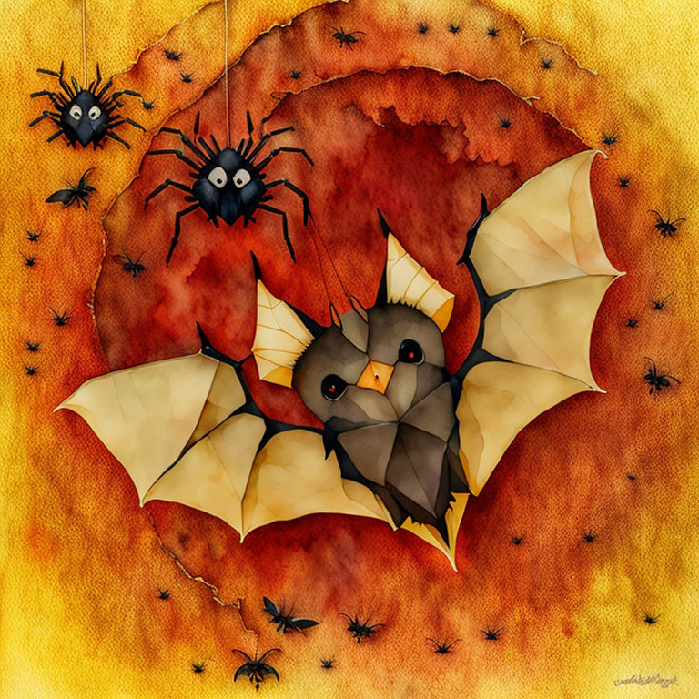 Stylized bat with spiders on textured autumn leaf background