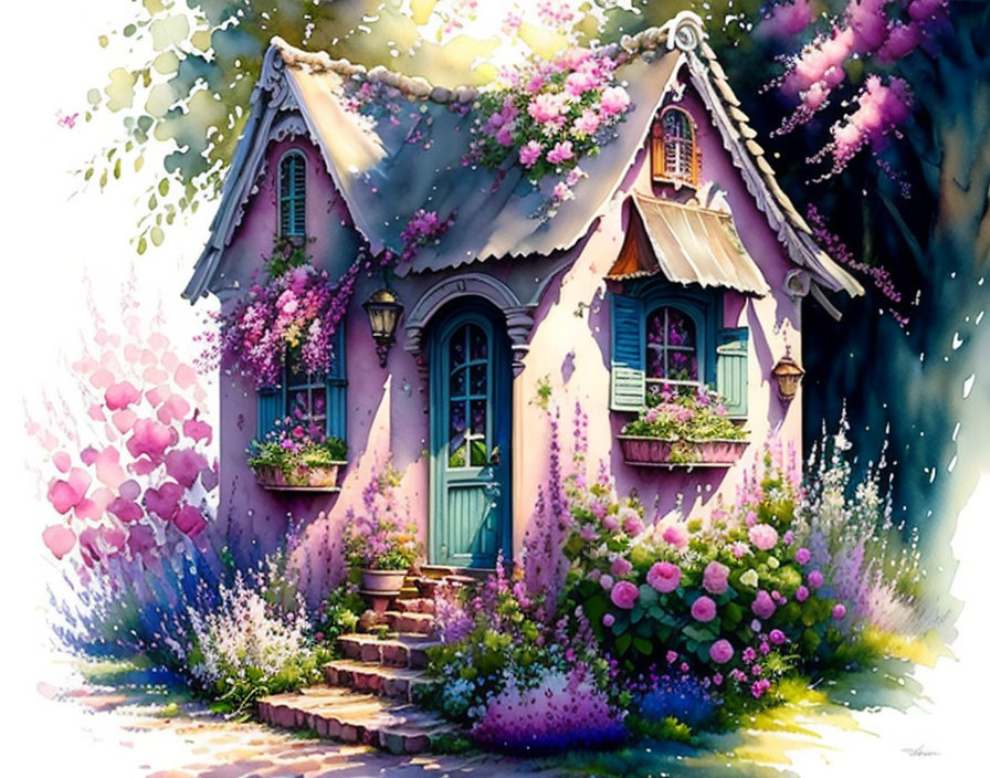 Quaint Pink House with Blooming Flowers and Whimsical Lighting