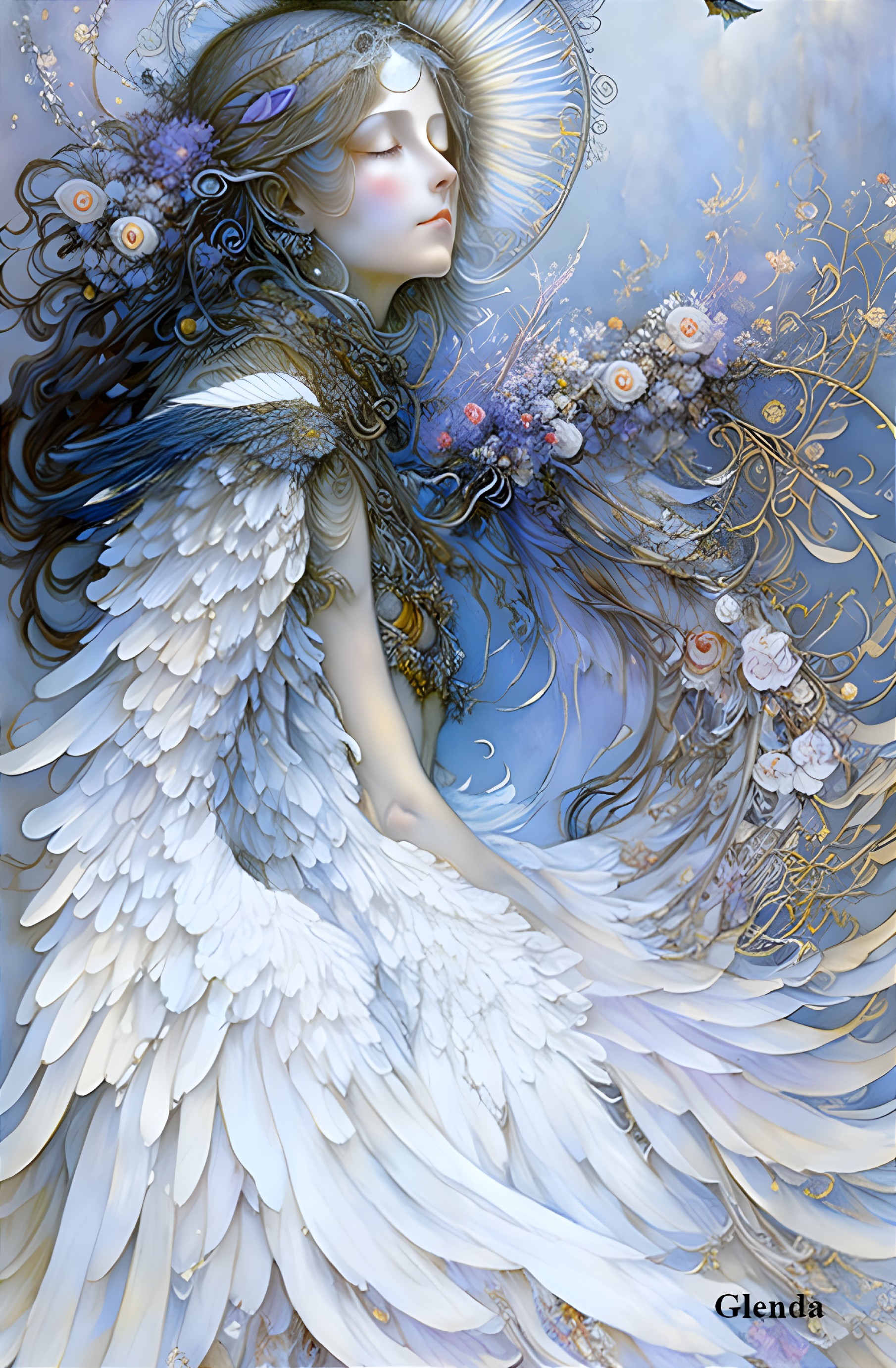 Ethereal being with wings and floral attire in serene blue setting