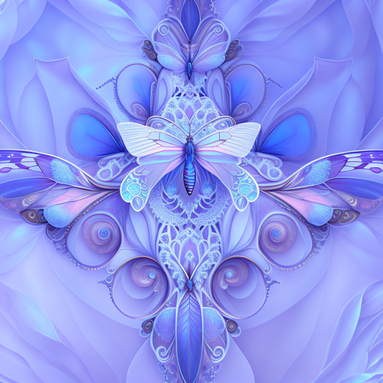 Symmetrical fractal design in blue and purple with butterfly wing and floral motifs