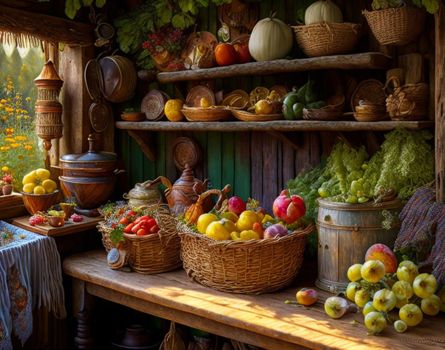 Abundant Fresh Produce in Rustic Kitchen