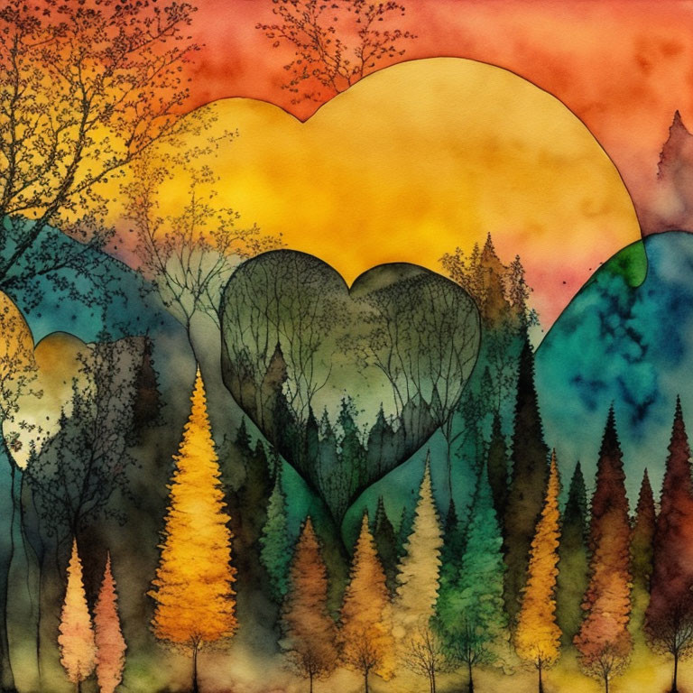 Colorful Watercolor Forest Scene with Heart-Shaped Clearings at Sunset