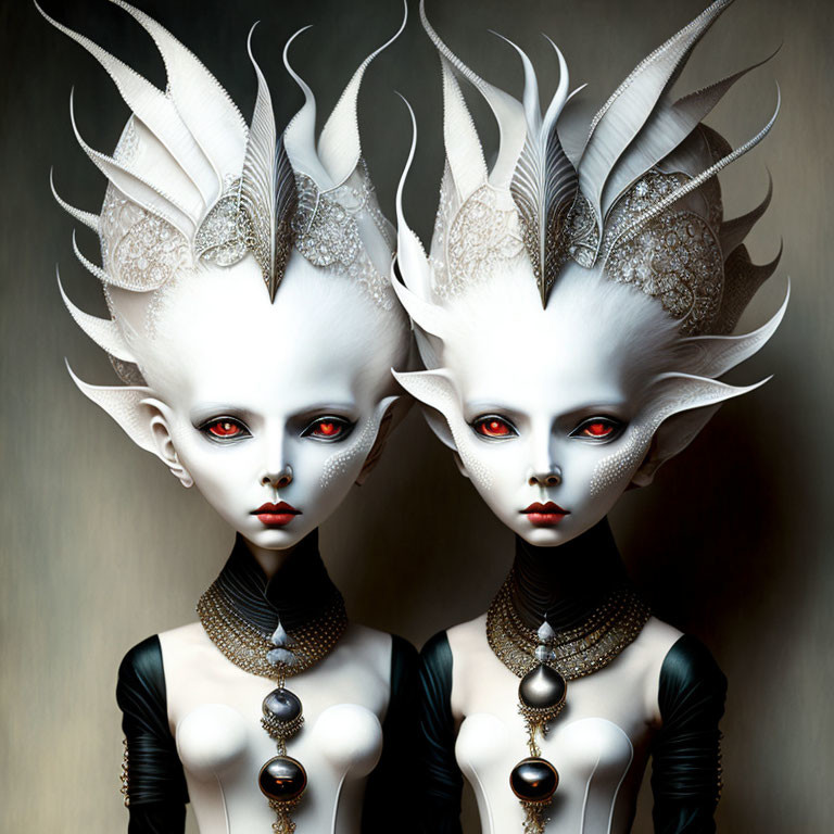 Stylized figures with pale skin and red eyes in elegant attire