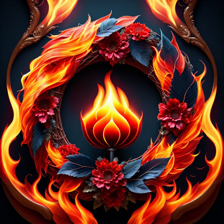 Detailed digital art: Flaming wreath with red flowers and feathers in ornate frame on dark backdrop