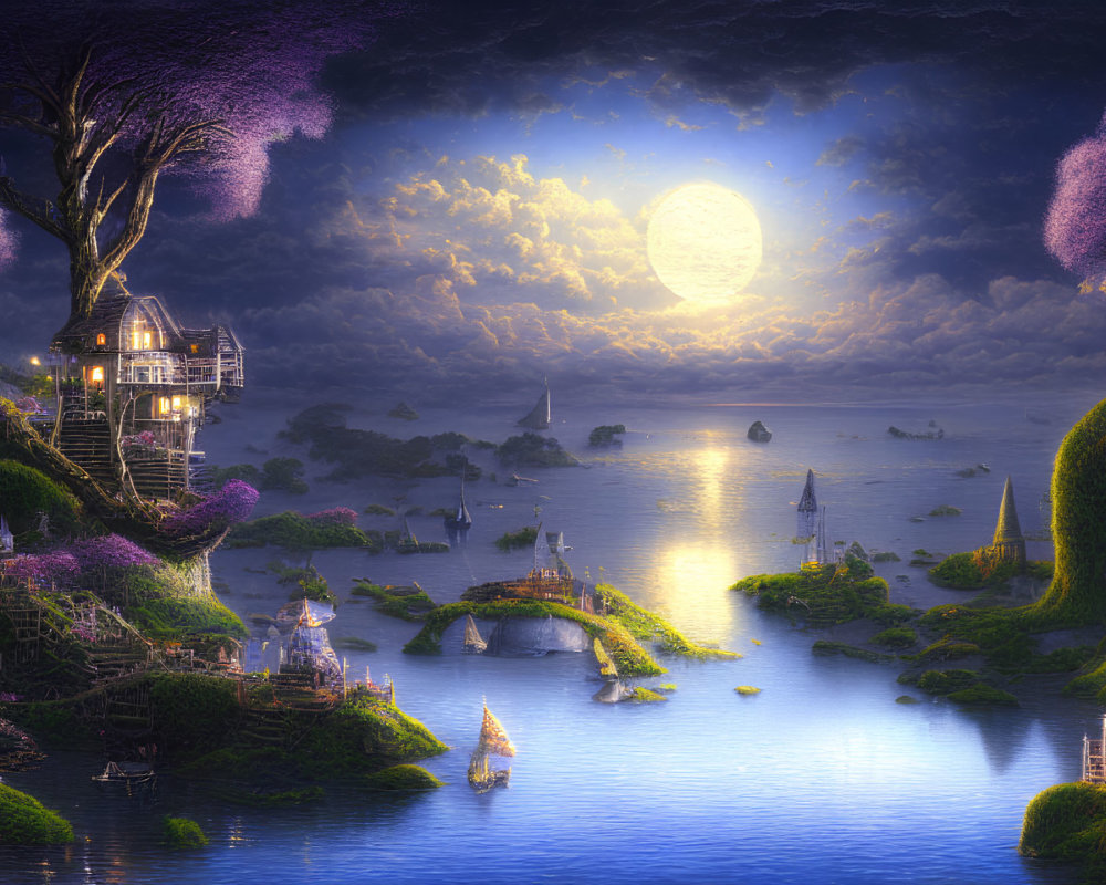 Nighttime fantasy landscape with glowing full moon, illuminated houses, hills, trees with purple foliage, and