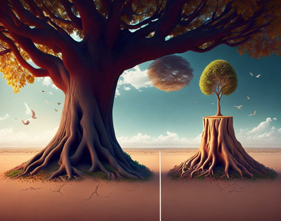 Surreal illustration of lush tree and stump with small tree under serene sky