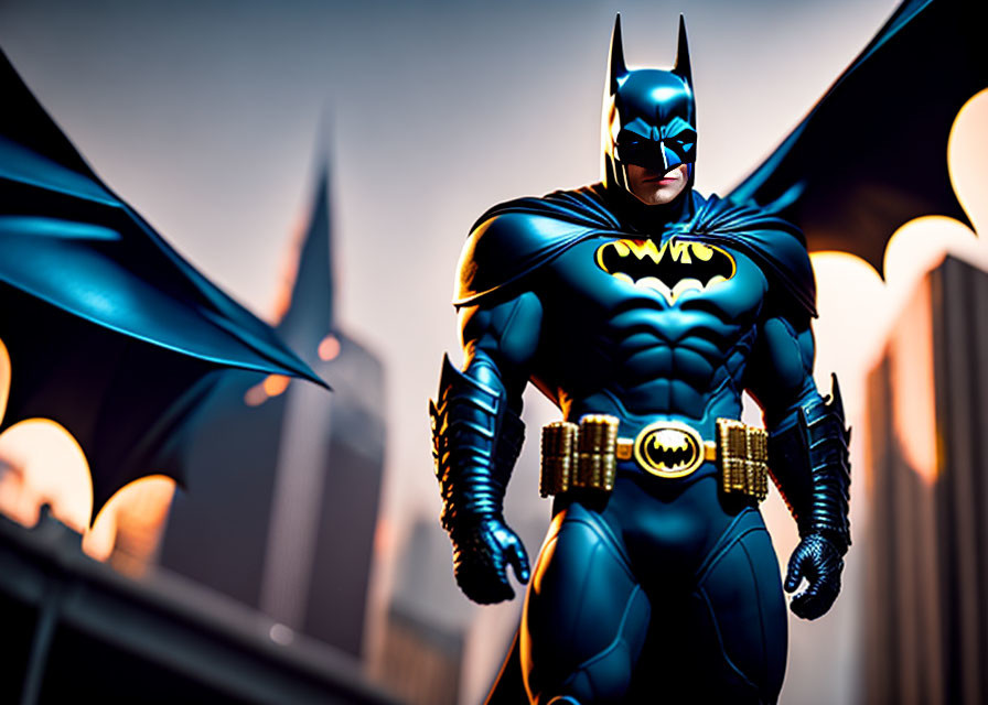 Batman Figure with Spread Cape in Dusk City Setting