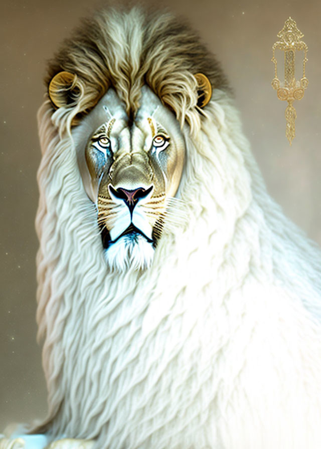 White lion with full mane and intricate patterns on face against warm background