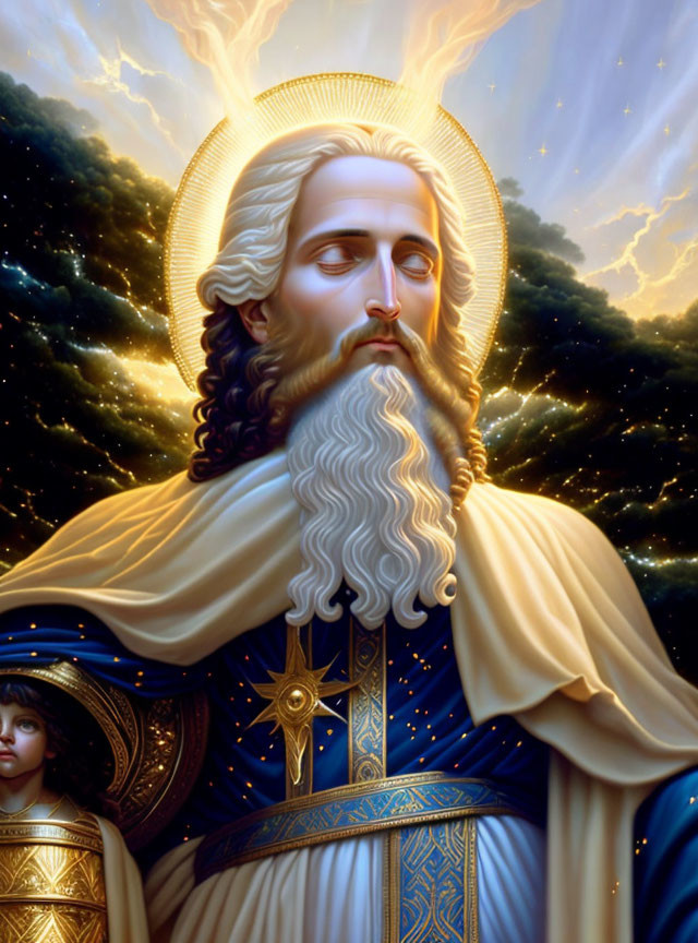 Serene bearded figure in golden armor against celestial backdrop