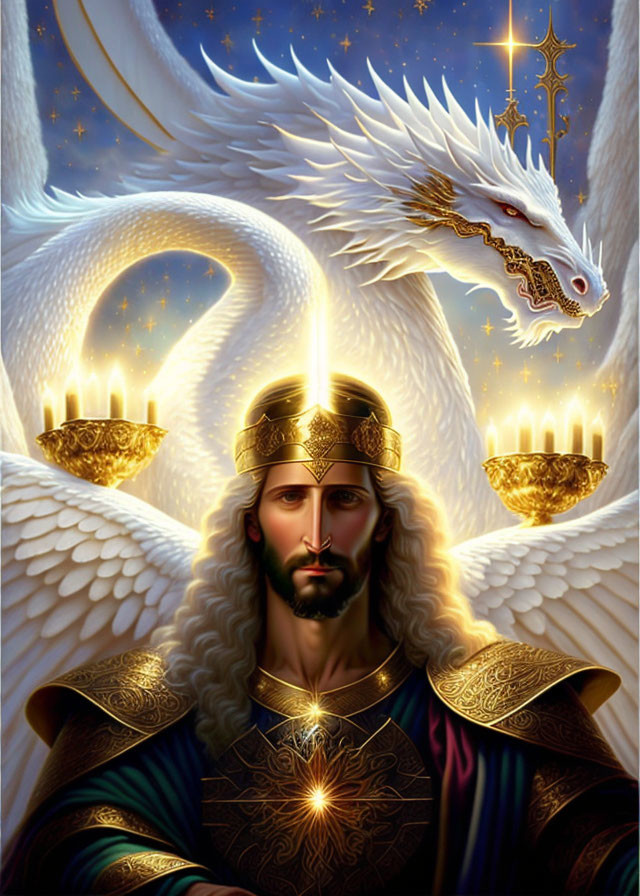 Regal man with angelic wings facing white dragon in ethereal setting