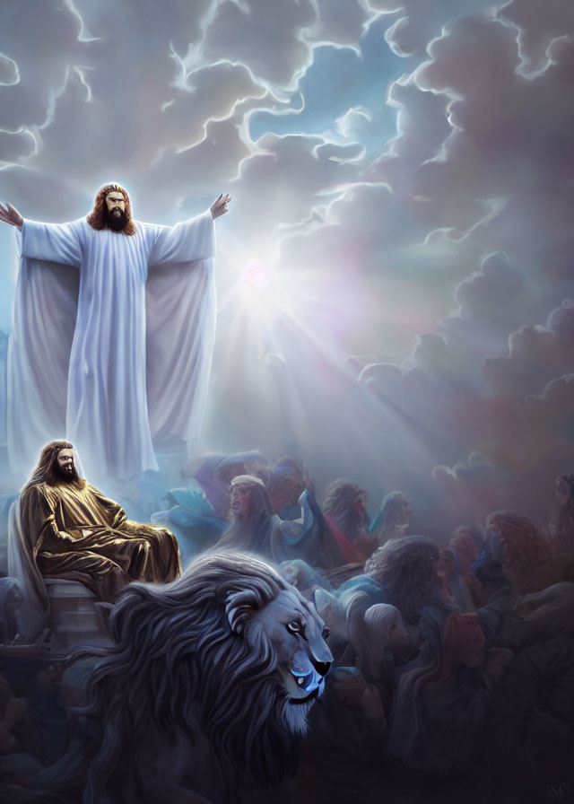 Bearded man in white robes with outstretched arms among clouds, lion, and seated person.