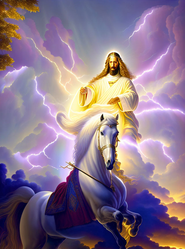 Figure with Halo Riding White Horse in Purple Clouds