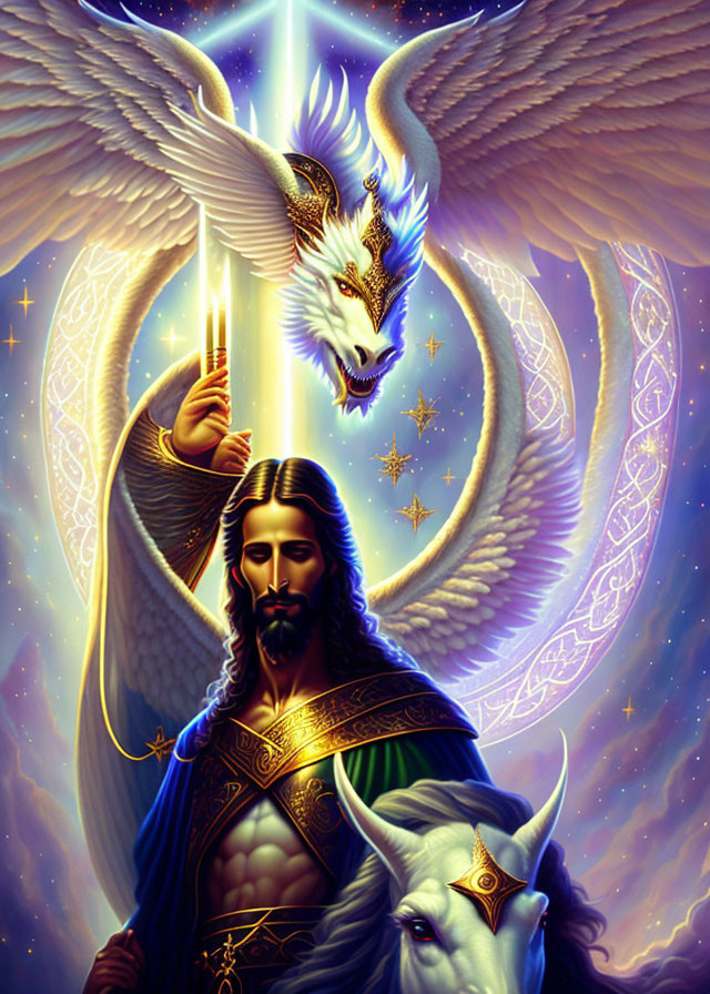 Majestic winged creature and serene figure with glowing staff in fantasy artwork