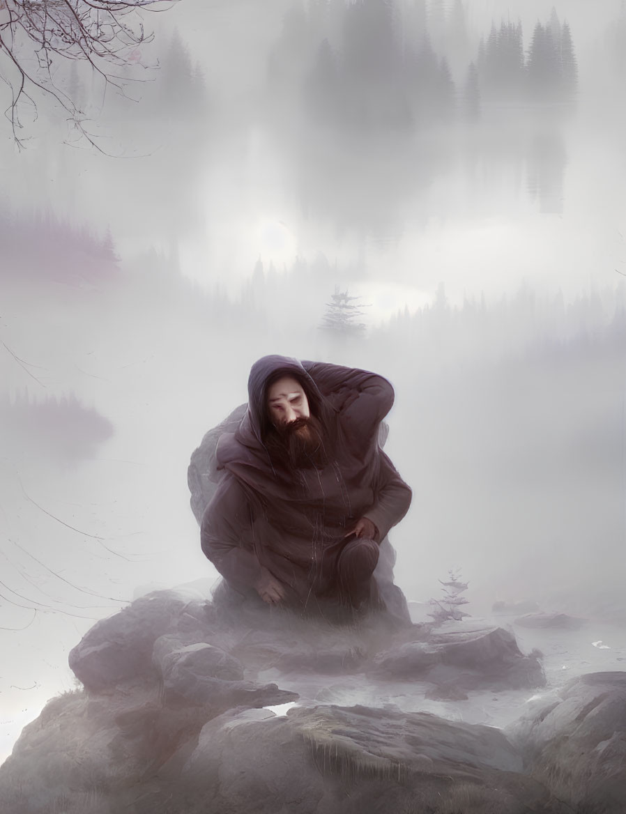 Hooded Figure Contemplating in Misty Landscape