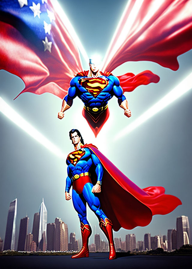 Superman standing heroically in front of cityscape with fluttering cape