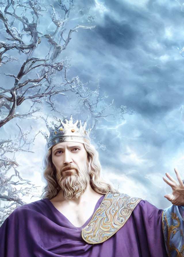 Royal figure in crown and purple cloak against cloudy sky