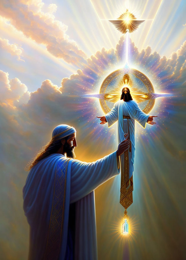 Figure with outstretched arms and glowing aura in clouds with divine light and person in robes.