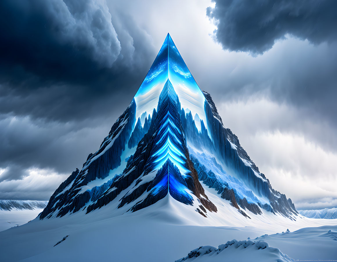 Surreal glowing blue mountain peak in dark clouds