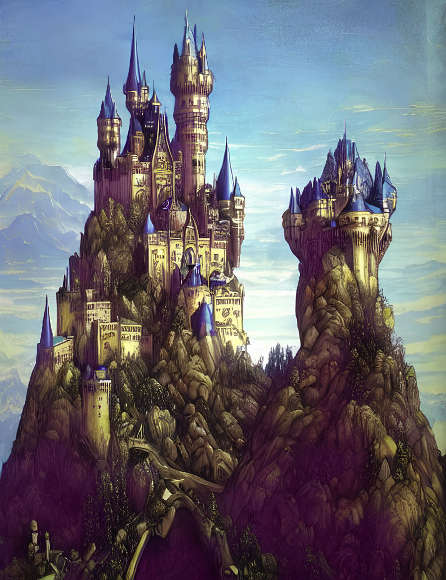 Fantastical castle with spires on craggy cliff amidst lush greenery