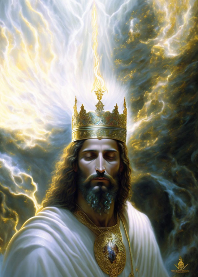 Golden-crowned figure in white robes with divine aura and luminous clouds.