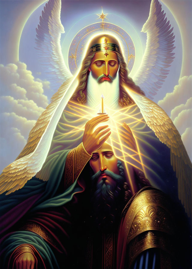 Celestial artwork: Two haloed figures, one with wings and a candle, against heavenly background