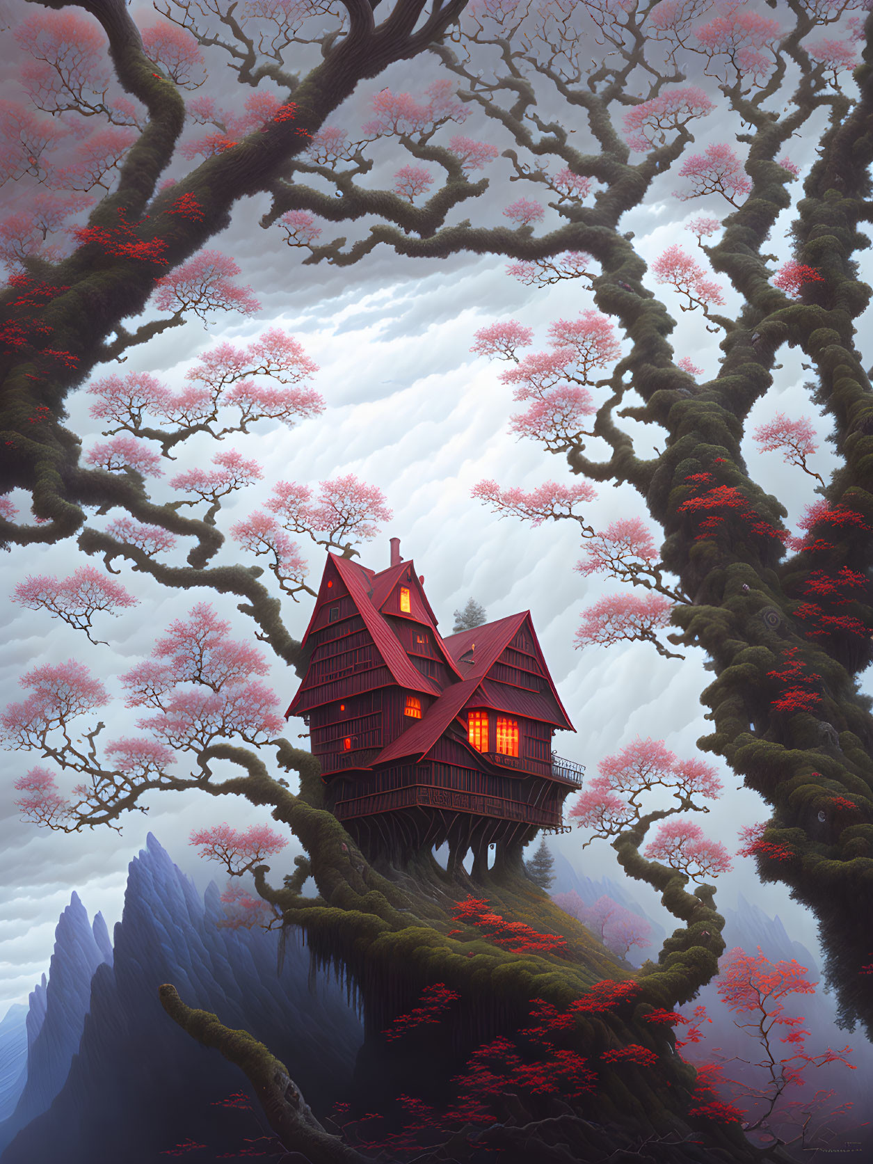 Colorful illustration of red-roofed house on cliff with pink blossomed trees and misty mountain