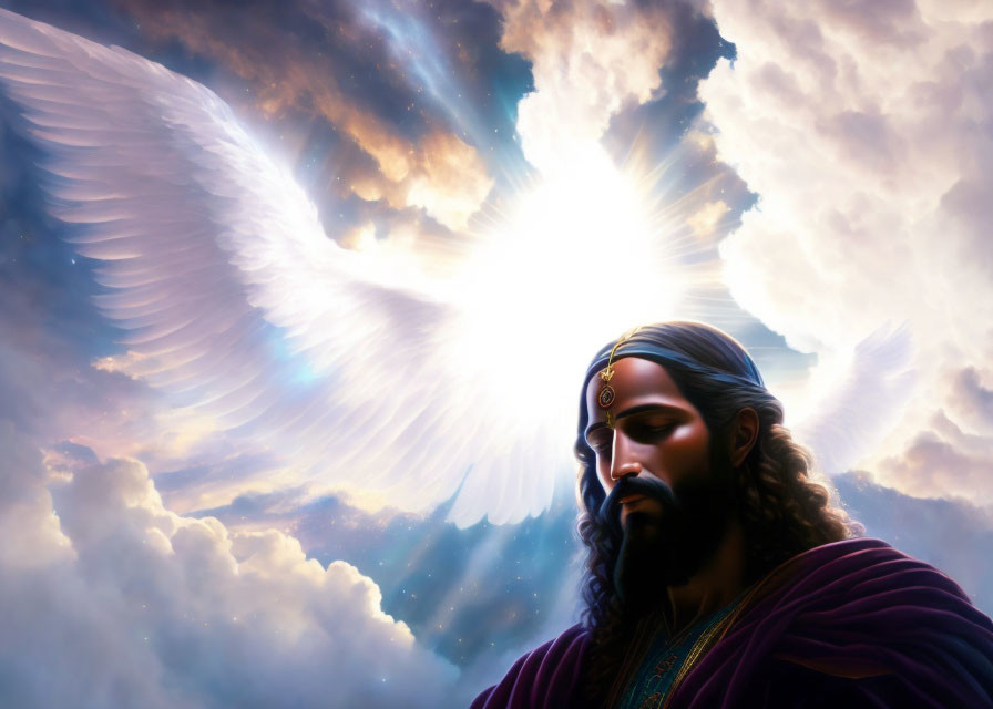 Illustration of robed winged figure in dramatic sky with radiant light