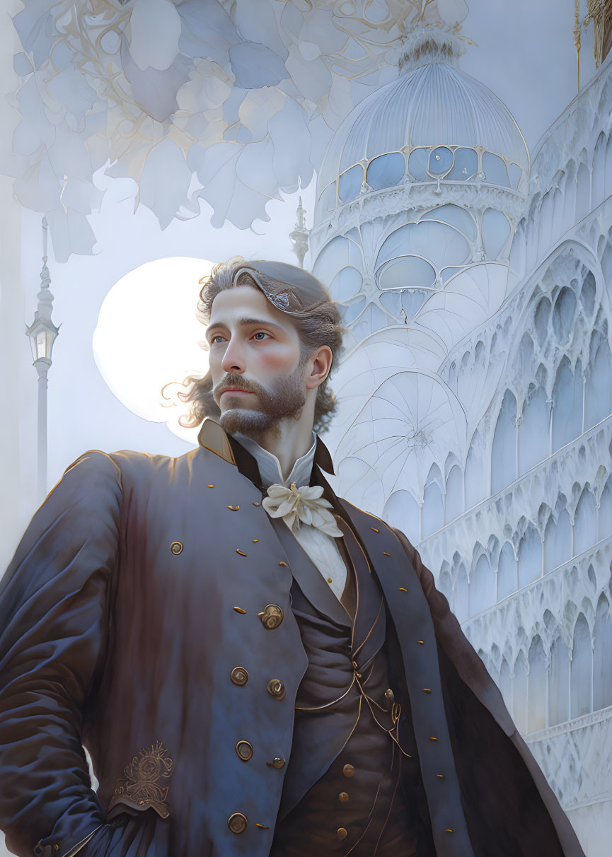 Bearded man in historical attire near fantasy building