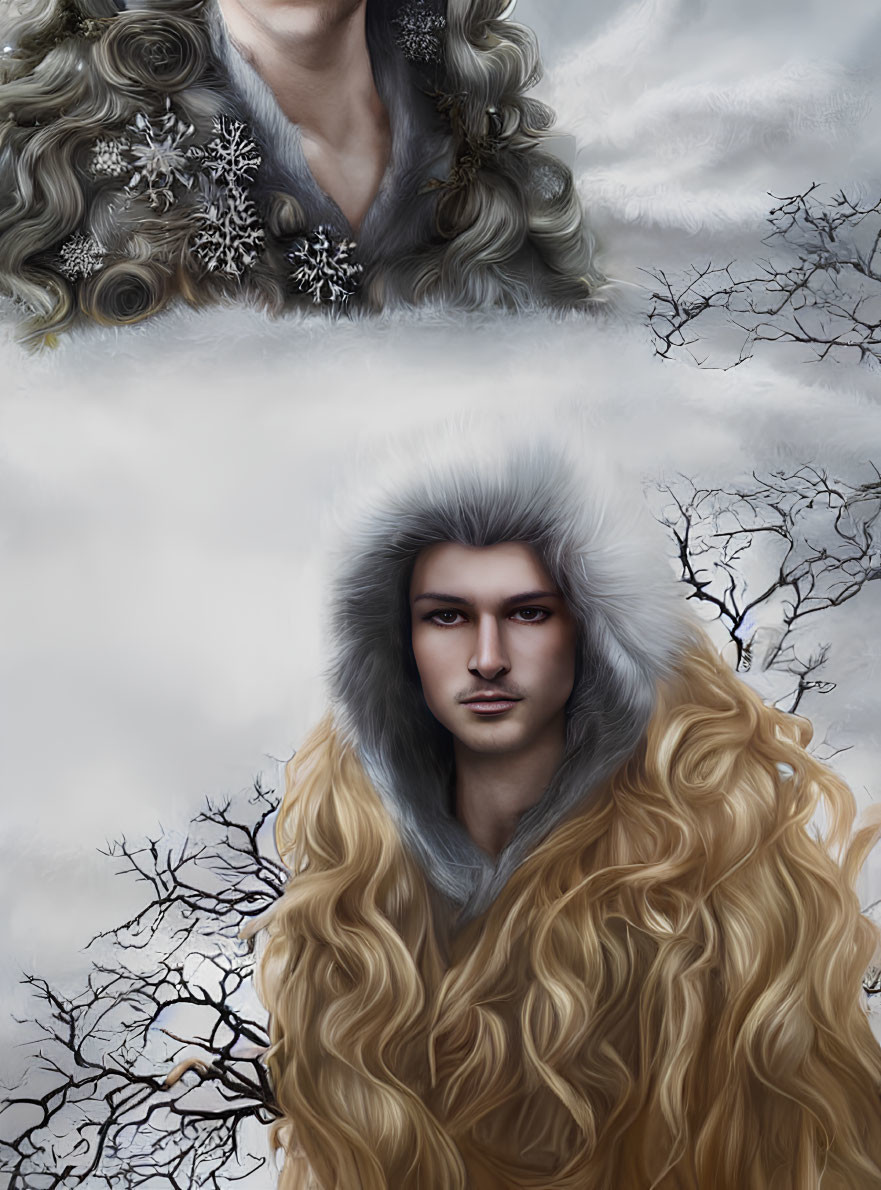 Season-themed hair illustrated triptych of characters: winter snow branches, autumn leaves, spring flowers.