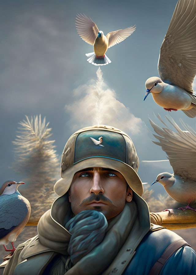 Soldier surrounded by pigeons under cloudy skies