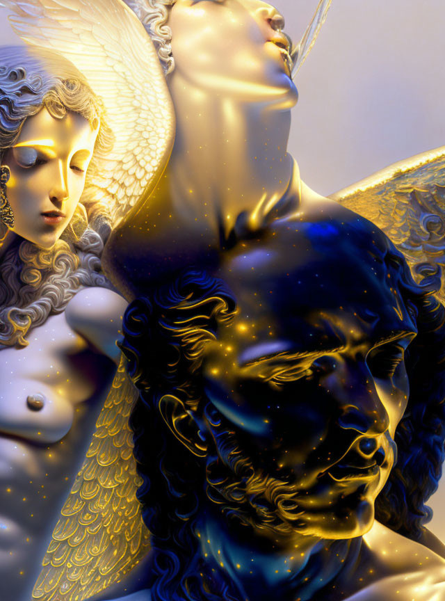 Golden and Blue Sculptures of Angel and Man Against Luminescent Backdrop