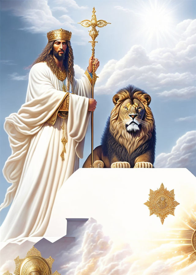 Regal figure in white and gold attire with lion on cloud and sun rays