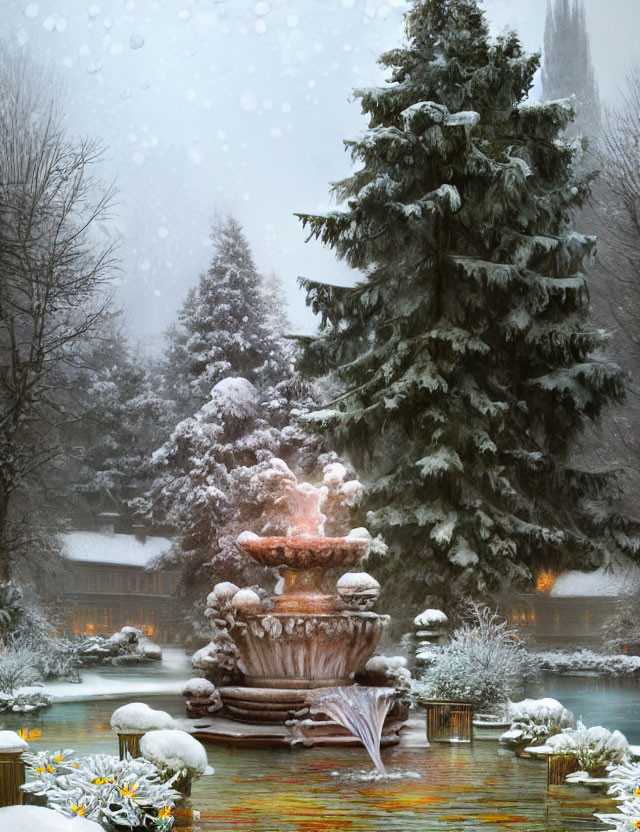 Snow-covered fountain and serene winter pond in enchanting scene