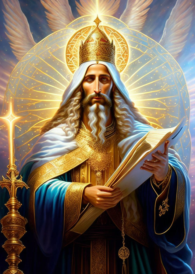 Regal figure with white beard and crown holding book and halo