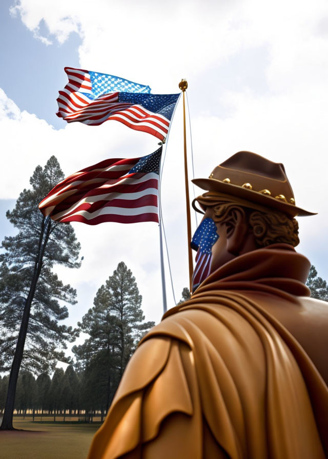 Cowboy hat person with American flags and nature background