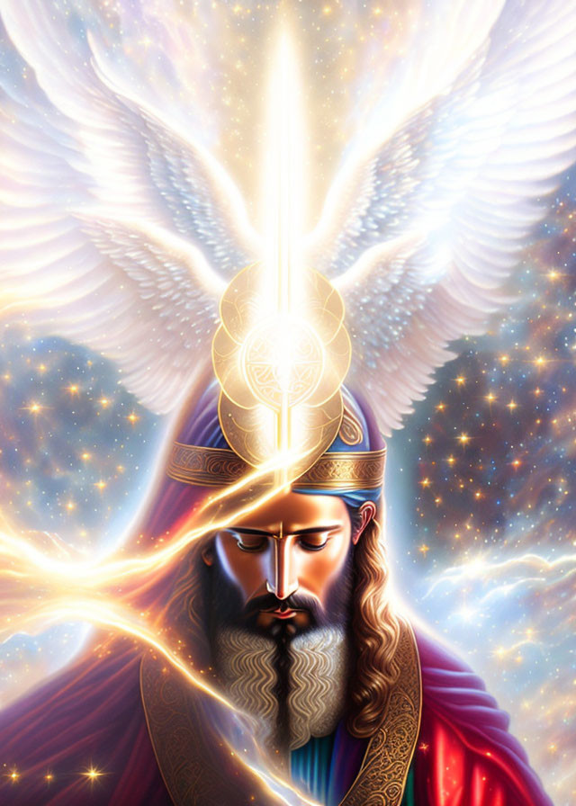 Majestic bearded figure in royal attire with radiant light in cosmic setting