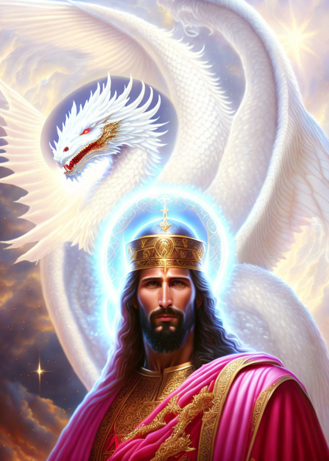 Regal figure with halo and crown in pink robes with white dragon on celestial backdrop